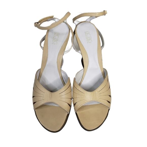 BCBGMaxazria Ivory Creme Ankle Strap Wedge Leather Sandals Size 10B - Picture 4 of 12